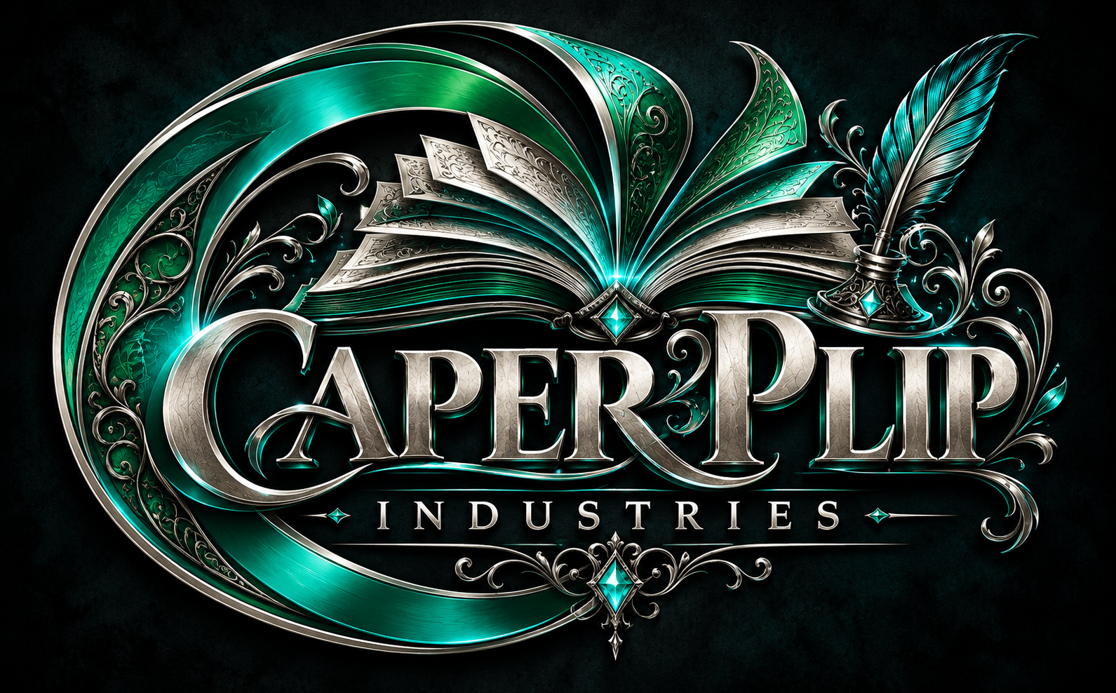 Ornate silver and emerald Caper Plip Industries emblem with an open book, crescent, and quill